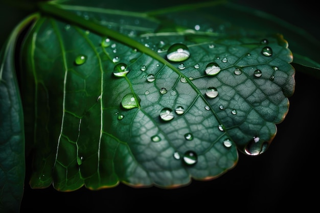 Macro view of shiny green leaf with dewdrop on the surface