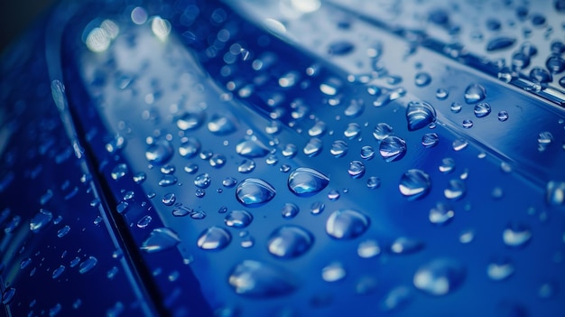 Macro of water droplets on blue metallic surface portraying tranquility