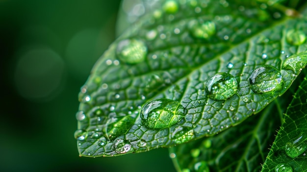 Macro Water Droplets on Green Leaf CloseUp Image