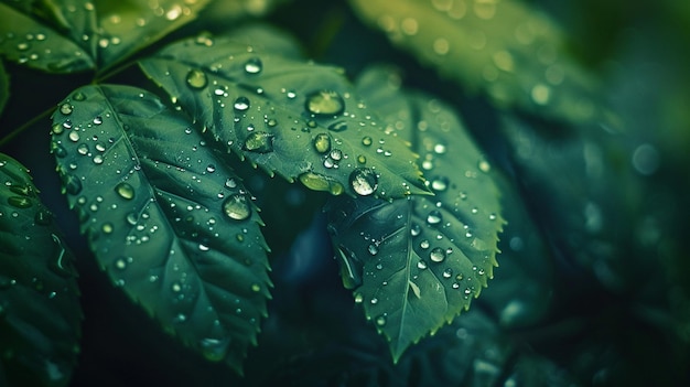 Macro Water Droplets on Green Leaf CloseUp Image