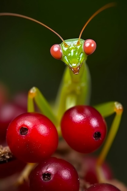 Macrophotography lime green preying mantis holding a red cherry Generative AI