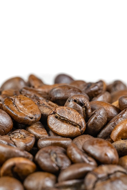 Macrophotography of naturally roasted coffee beans with superior copy space to put text