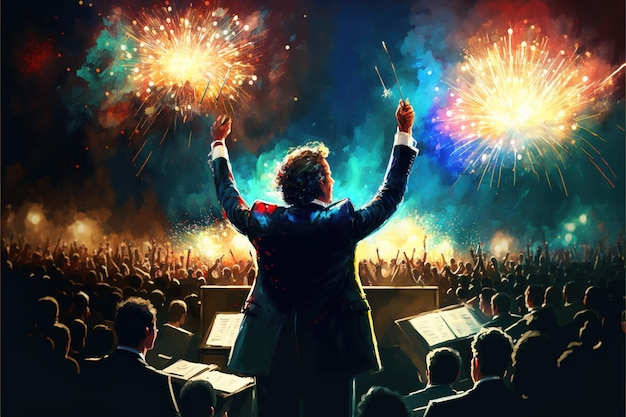 The mad conductor directing symphony of explosion digital art style illustration painting fantasy concept of a mad conductor directing symphony