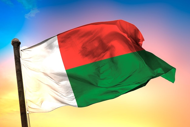 madagascar country flag, 3d flag, and color background.