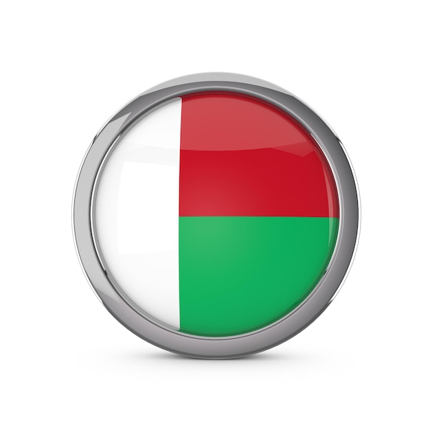 Madagascar national flag in a glossy circle shape with chrome frame 3D Rendering