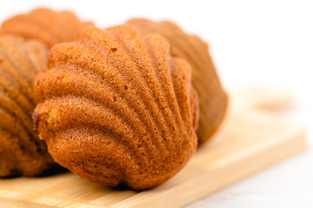 Madeleine cakes with a distinctive shelllike shape on white background for bakery food and eating concept