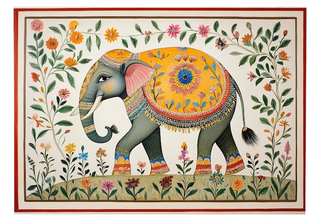 Photo a madhubani folk art painting showcasing an elephant against a textured surface