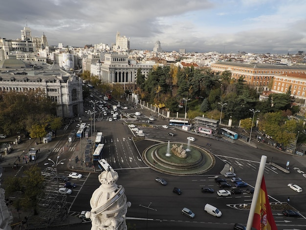 Madrid City Hall, Communications Palace architecture landmark, view from above during a sunny day in Spain.