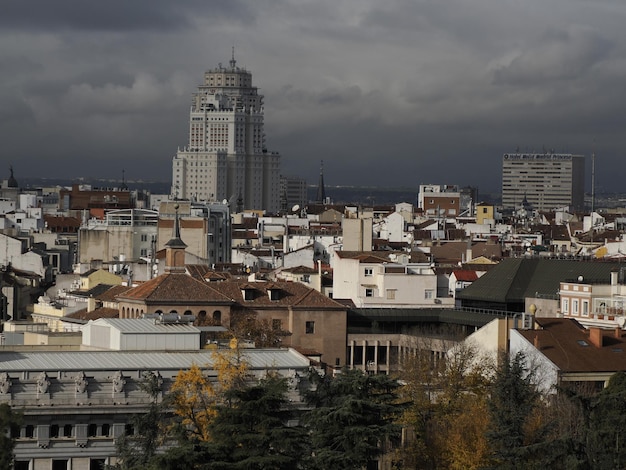 Madrid City Hall, Communications Palace architecture landmark, view from above during a sunny day in Spain.