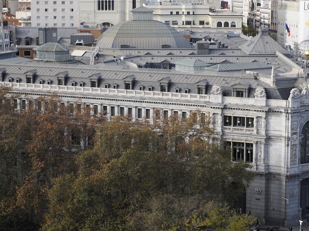 Madrid City Hall, Communications Palace architecture landmark, view from above during a sunny day in Spain.