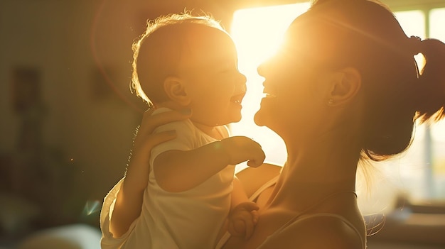 mae segurando seu bebe feliz ao por do sol