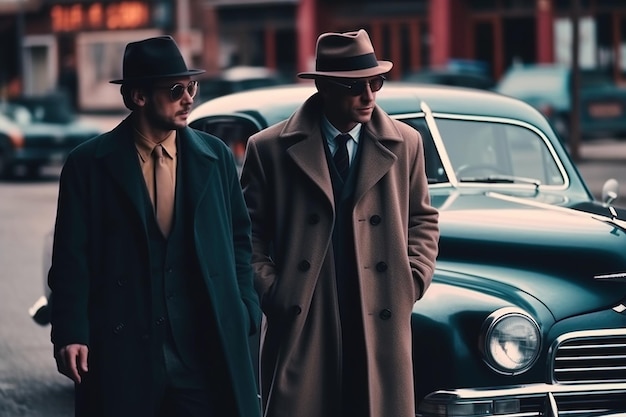 Mafia people in suits with cars Ai Retro vintage gangsters