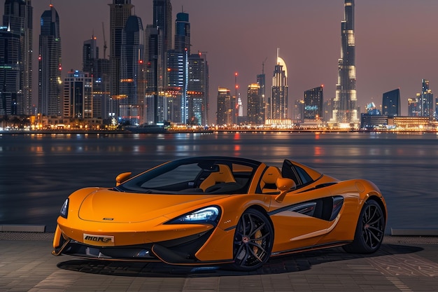 a magazine advertorial of an orange mclaren artura spider in front of the Dubai skyline