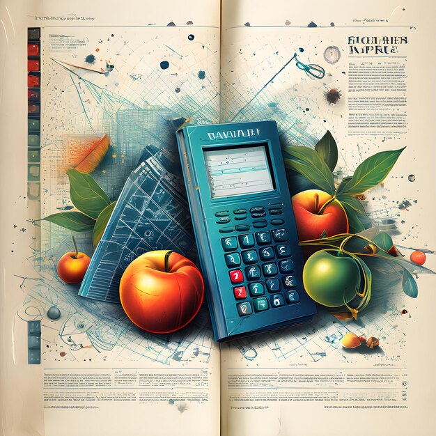 Photo a magazine with a blue calculator on it and a picture of apples on the page