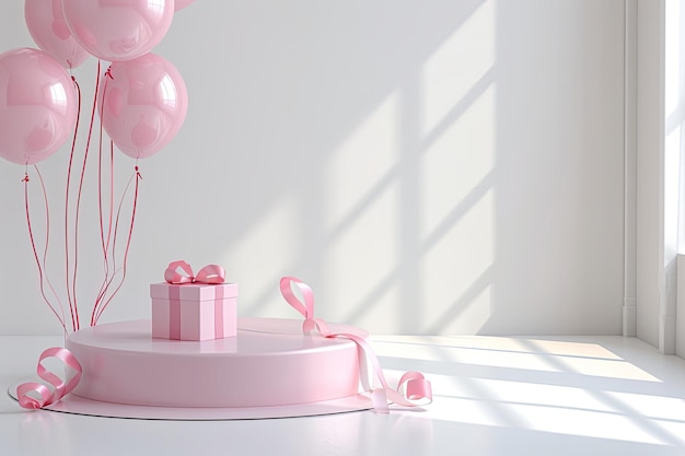 Magenta balloons and a gift box on the table party supplies for the event