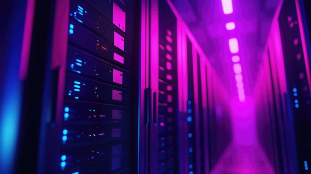 Magenta and dark blue data centre server room at night for big data storage