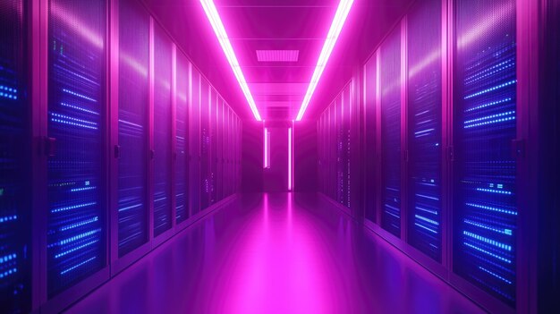 Photo magenta and dark blue data centre server room at night for big data storage