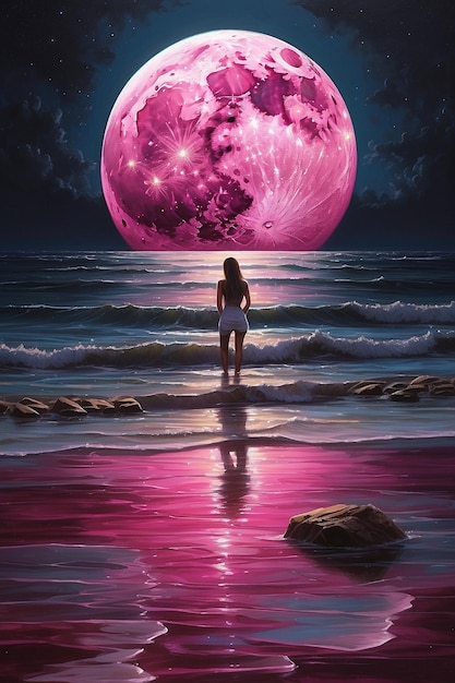 Magenta moon reflecting on ocean