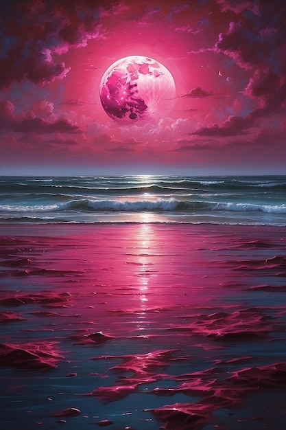 Magenta moon reflecting on ocean