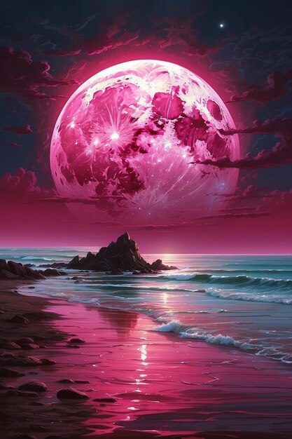 Magenta moon reflecting on ocean