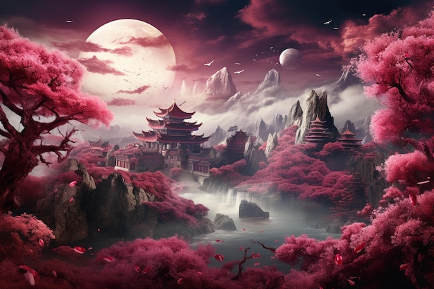 Magenta mystical landscape with nature