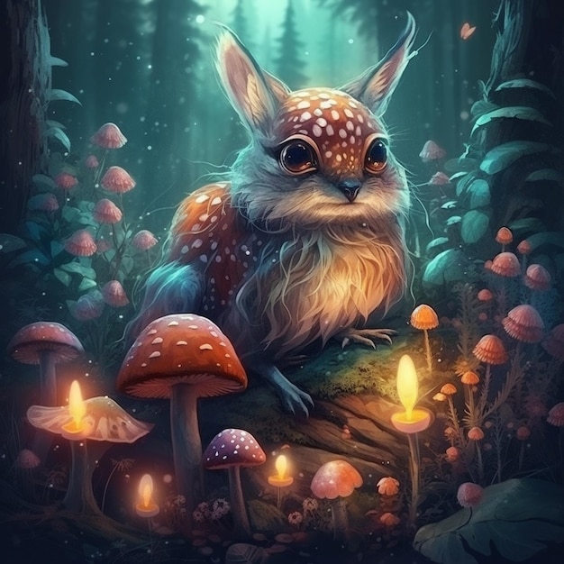 Magic animal in the fantasy forest with mushrooms and glitter beautiful forest with a fairy tale