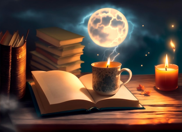 Magic book with cup candle moon back to school