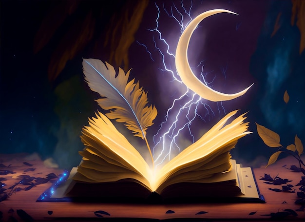 Magic book with feather moon lightening for back to school