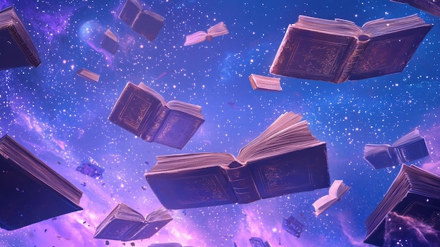 Photo magic books flying through space with galaxy background