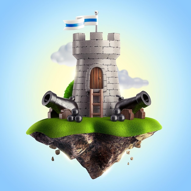 Photo magic castle defense with guns on a flying island 3d render