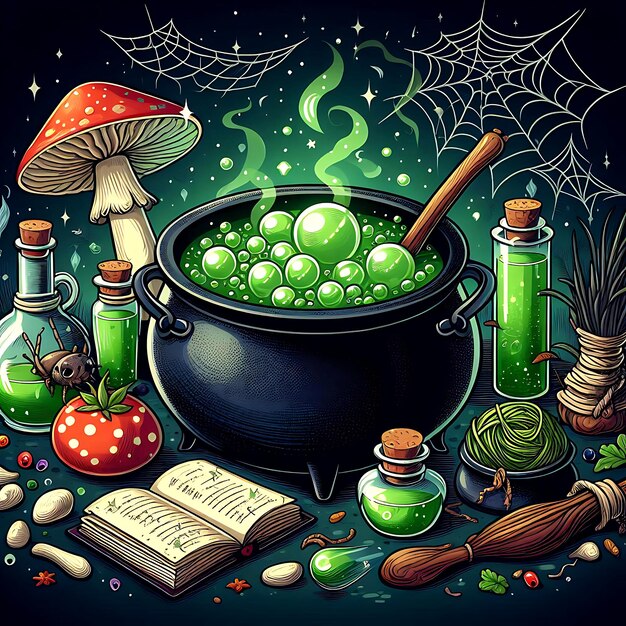 Photo magic cauldron with potion herbs and spell book for witchcraft and potionmaking