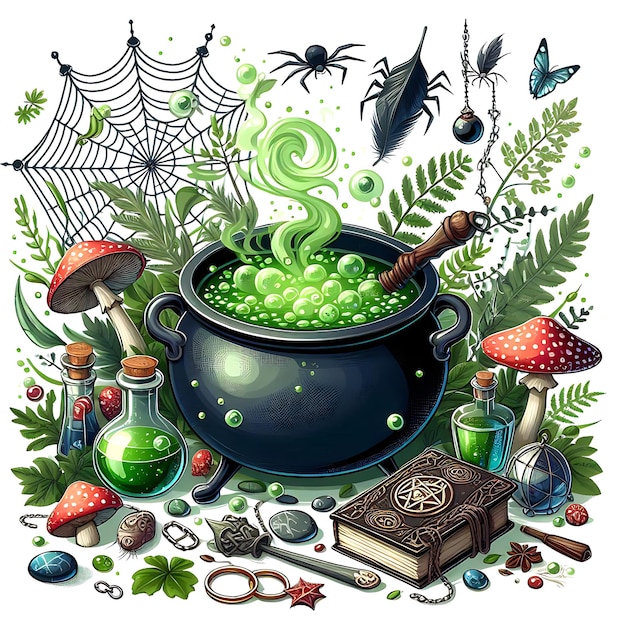 Photo magic cauldron with potion herbs and spell book for witchcraft and potionmaking