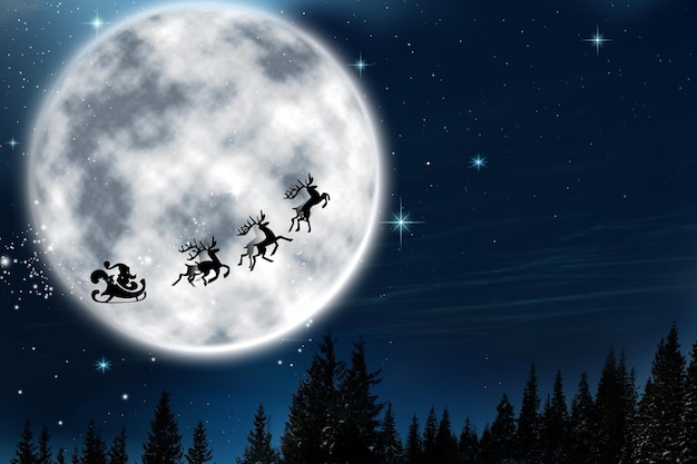 Magic Christmas eve Santa with reindeers flying in sky on full moon night