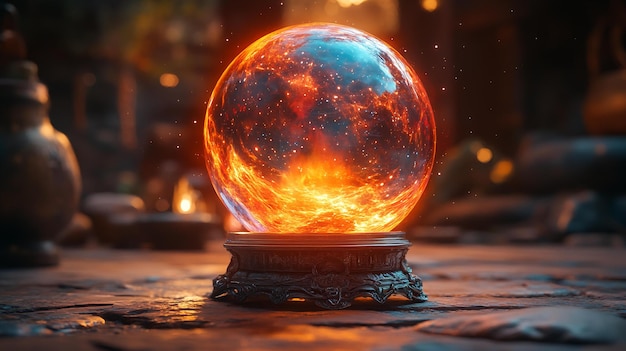 Magic crystal ball with fire inside Magic and fairy tale concept