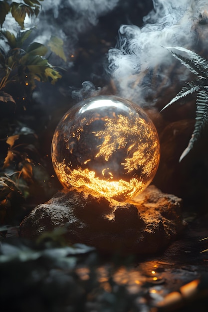 Magic crystal ball with fire and smoke in the forest 3d rendering