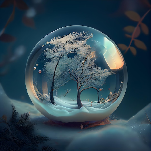 Magic crystal ball with forest and snow 3D render illustration