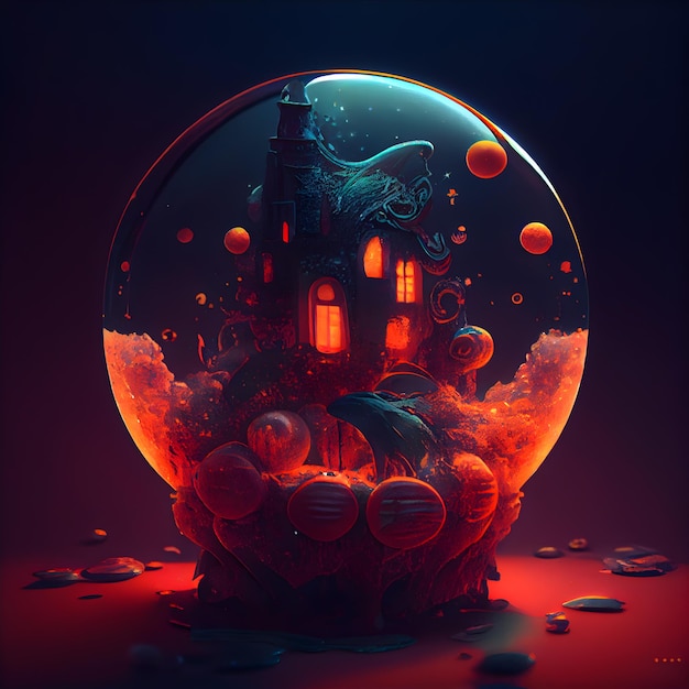 Magic crystal ball with house and red balloons on dark background 3D rendering