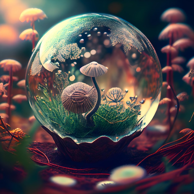 Magic crystal ball with mushrooms in the forest 3d illustration