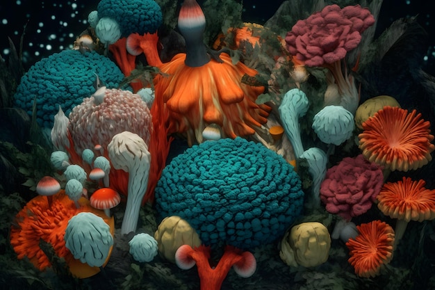 Magic and fairy neon mushrooms neural network ai generated