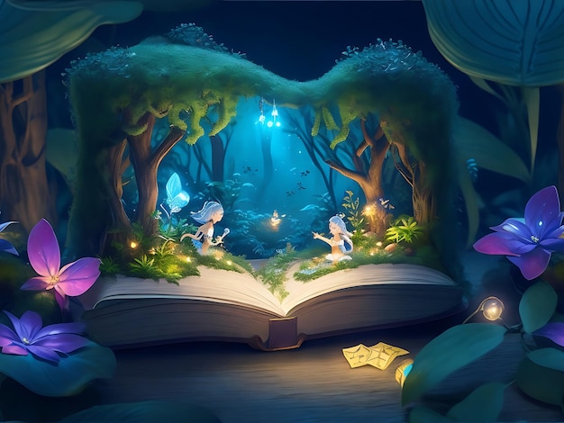 Magic fairy tale book illustration with lights and exotic plants ai generate