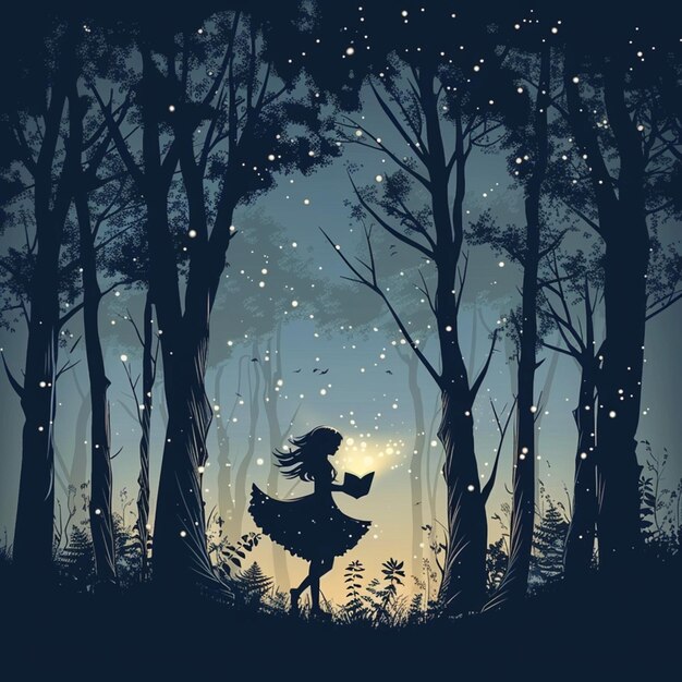 Photo magic fairy tale book illustration with a silhouette girl in the forest at night