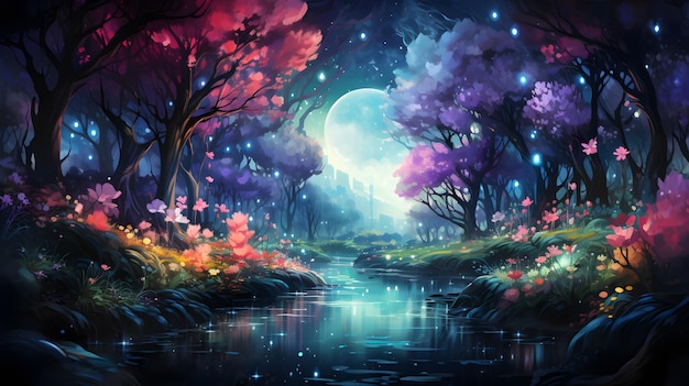 Magic Fairy Tale Landscape with Castle Pond and Moon landscape with fantasy trees river