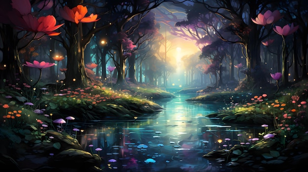 Magic Fairy Tale Landscape with Castle Pond and Moon landscape with fantasy trees river