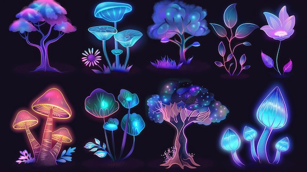 Photo magic fantasy wonderland tree flower and mushroom cartoon vector illustration set of game neon glowing fantastic plants for bizarre alien forest design beautiful luminous strange garden vegetation