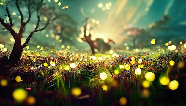 Magic fireflies flying in a fairy forest.