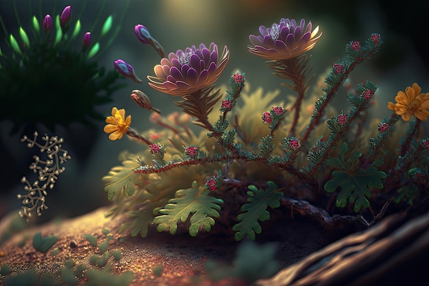 Magic forest fantasy flower nature background mystic glow light landscape Generative AI Illustration