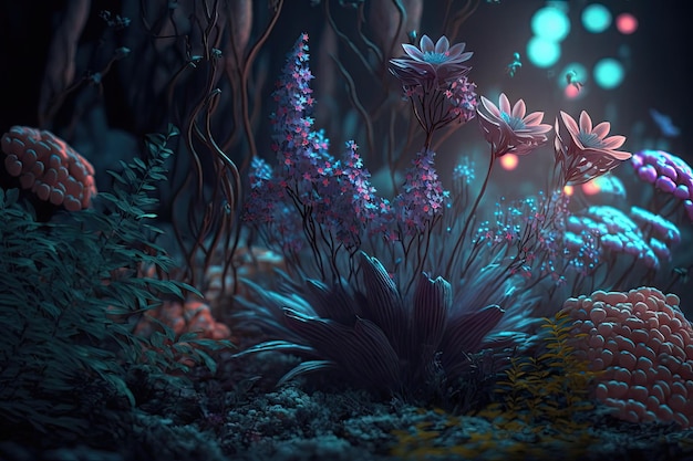 Magic forest fantasy flower nature background mystic glow light landscape Generative AI Illustration