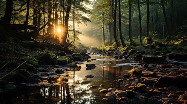 Magic forest in fog and stream