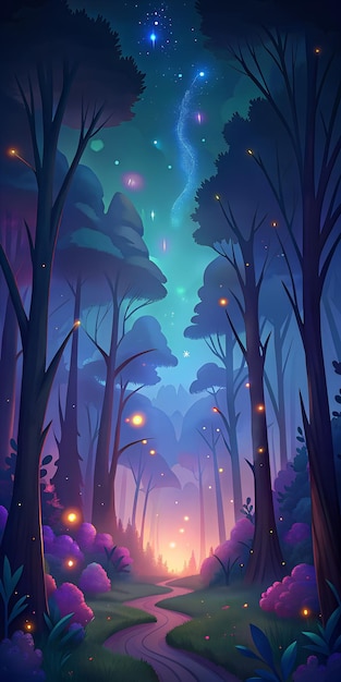 magic forest space stars sky fireflies colored trees vector style