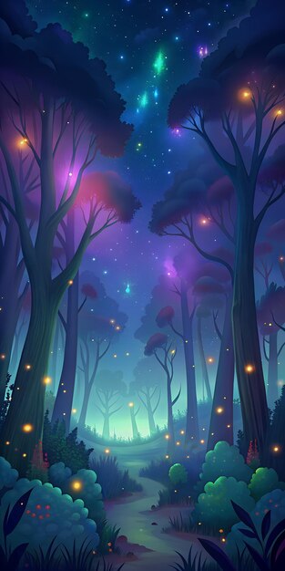 magic forest space stars sky fireflies colored trees vector style